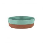 15cm terracotta tapas dish featuring an aqua blue coloured dipped glaze.