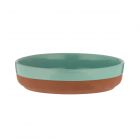 21cm round terracotta tapas dish featuring an aqua blue coloured dip glaze.