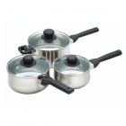 set of three stainless steel saucepans with black cool touch handles and glass lids, with integrated steam lids