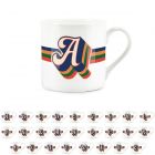 white fine bone china initials mug with retro rainbow striped design, available in every letter of the alphabet