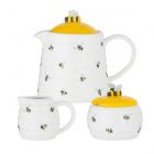 bumblebee patterned teapot, milk jug and sugar bowl set for an afternoon tea
