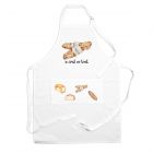 a novelty polyester kitchen apron with an image of two baguettes and joke text reading 'in crust we trust'