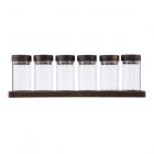 set of six small glass spice jars with acacia wood lids and display board