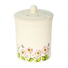 Ceramic compost pot with daisy and butterfly print around the base