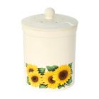 Cream ceramic pot and lid with sunflower design around the base