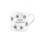 Black and white insulting mug with flying bees and text