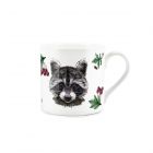 Fine bone china mug with cute raccoon face print, surrounded by berries and leaves