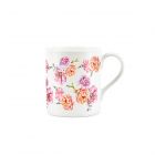 Small white fine china mug printed with pink and yellow detailed rose design