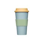 Muted blue, green and yellow travel mug for hot and cold drinks