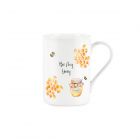 White ceramic fine china mug with Bee my Honey text and bee and honey comb print