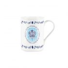 a blue King Charles the Third fine bone china mug with a silhouette style border
