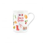 White china mug with colourful gardening tools, vegetables and plant print and Time to garden print