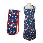 cotton apron and double oven glove set with blue floral design