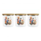 set of three bird design tea, coffee & sugar enamel canisters
