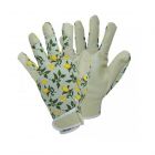 Medium sized gardening gloves with a goatskin palm for thorn resistance, featuring a sicilian lemon print.