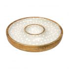 Chip and dip snacks serving bowl made from sustainably sourced mango wood with a duck egg and white polka dot patterned enamelled interior.