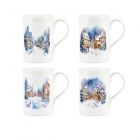 set of four bone china mugs with a christmas town design