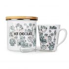 canister, mug and whisk hot chocolate gift set with a winter themed design