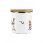 a white enamel storage canister with a painted dog design, and an airtight bamboo lid