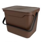 brown plastic food waste compost caddy with a black handle