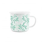 A delicate green leaves print, featuring dark and light shades of green on a white enamel mug.