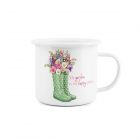 White enamel mug featuring text reading "My garden is my happy place", and an illustration of polka dot wellies with a flower bouquet on top.