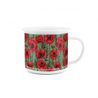 Red poppies design printed onto a white enamel mug, featuring the quote 'Gardening always has been an art, essentially' from Robert Irwin.
