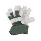 green leather gardening rigger gloves with thorn resistant palm and wrist guard