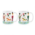 Nutcracker, rocking horse and holly printed ceramic mugs in a set of 2