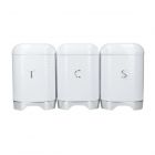 Textured white and silver storage canisters with letters to signify tea, coffee and sugar