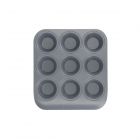 silver nine hole muffin pan for cooking and baking cakes and savoury treats, with a durable non-stick coating