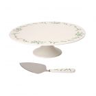 ivory ceramic round cake serving stand and matching cake slice