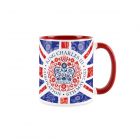 a red union jack print mug with the King Charles III official coronation emblem
