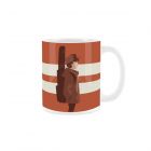 A ceramic mug printed in red with a person carrying a guitar