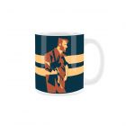 Navy blue printed ceramic mug printed with a simple illustration of a man playing guitar