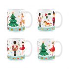 Set of 4 white ceramic mugs with red nutcracker and other character prints