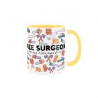 Yellow ceramic mug with tree surgeon text and tools print