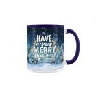 navy blue ceramic mug with a snowy design, with text reading 'Have a Very Merry Christmas'
