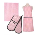 spotty pink and white apron, tea towel and double oven glove set