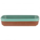 Rectangular shaped terracotta cookware/serveware dish featuring an aqua coloured dipped glaze.