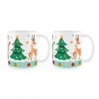 Set of reindeer printed ceramic mugs, matching prints in different colours