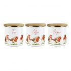 set of three kitchen storage canisters made from enamel with a robin design
