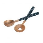 set of blue polka dot wooden salad servers