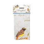 Blue & white tea towel with song bird prints and engravings