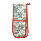 pale green double oven glove with orange trim and hedgehog pattern