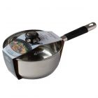 large stainless steel saucepan for cooking, with fitted glass lid