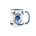 blue ceramic mug with vintage plane design