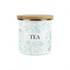 an enamel tea storge canister with a green wild rabbits & flowers design