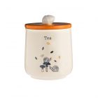Cream coloured ceramic Tea canister, with orange lid, acorn shaped handle and illustrative design featuring a pair of snails playing on toadstools amongst falling leaves.