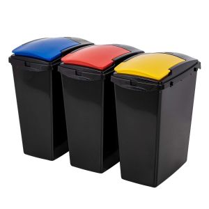 set of three black plastic recycling bins with different coloured lids - red, blue and yellow